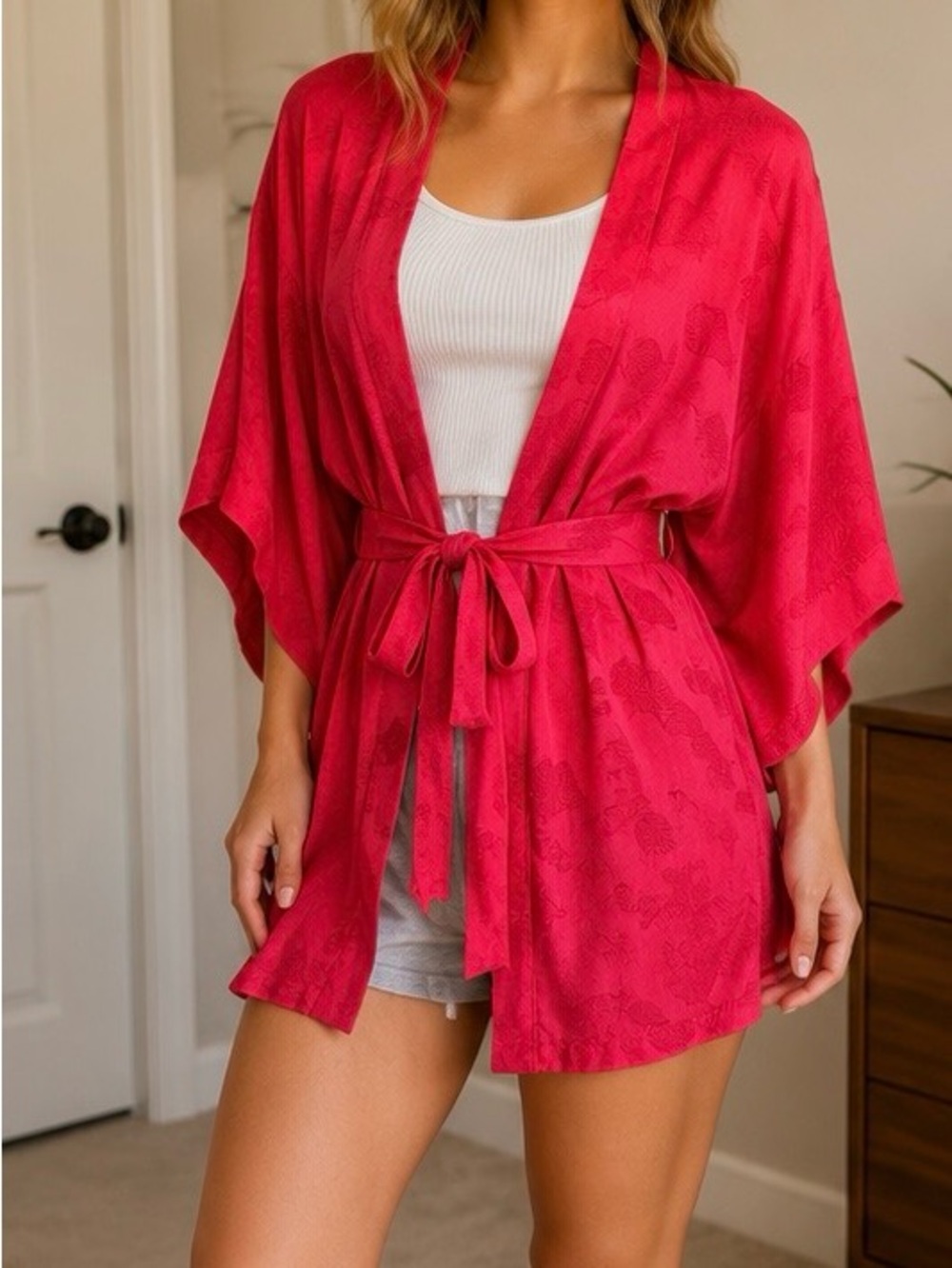 La Vie En Rose Fuchsia Satin Kimono Robe | Textured Fan Print | Bridal • Lounge